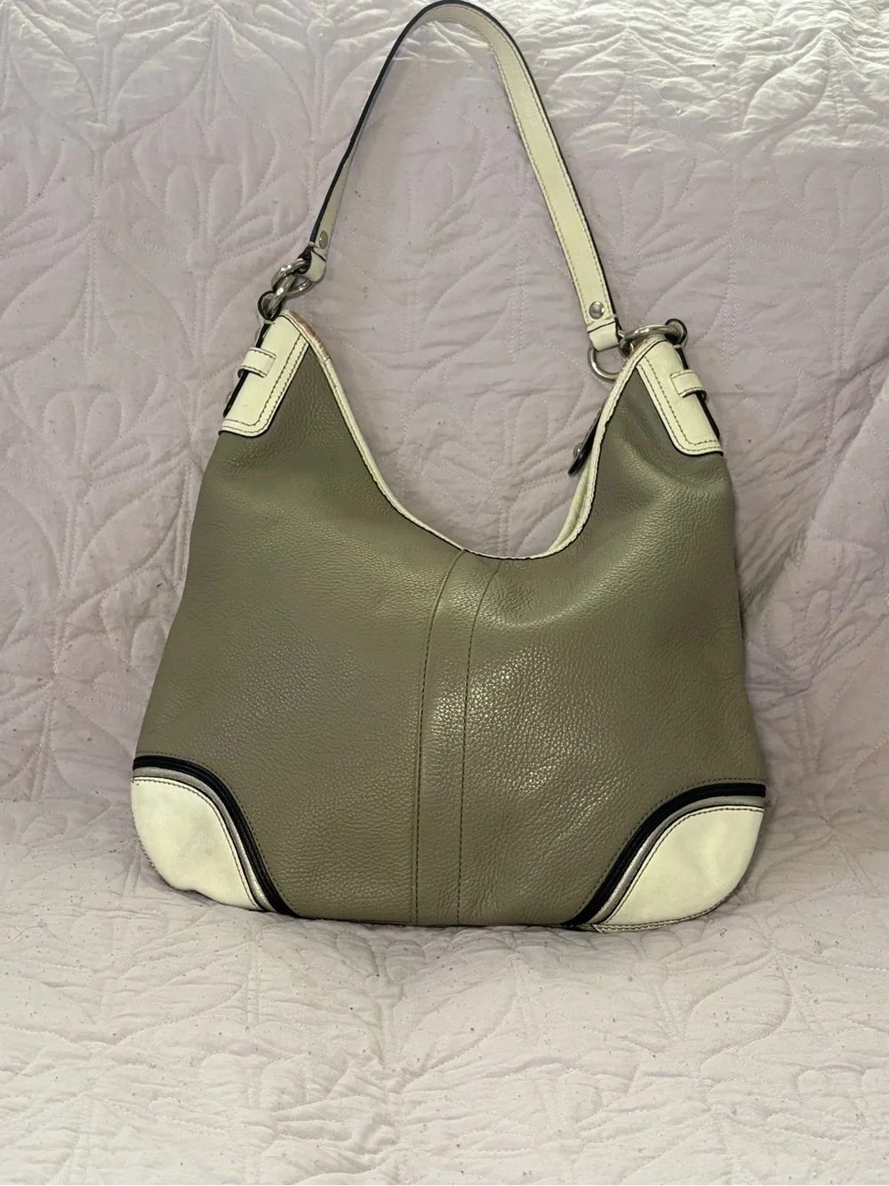 Neutral Taupe Leather Hobo Bag with White Trim - Classic Women's Shoulder Bag